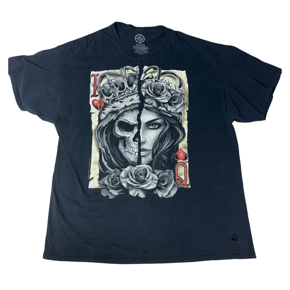 DGM Mens Black Queen of Hearts Skull Graphic T-Shirt 2XL Gothic Streetwear‎